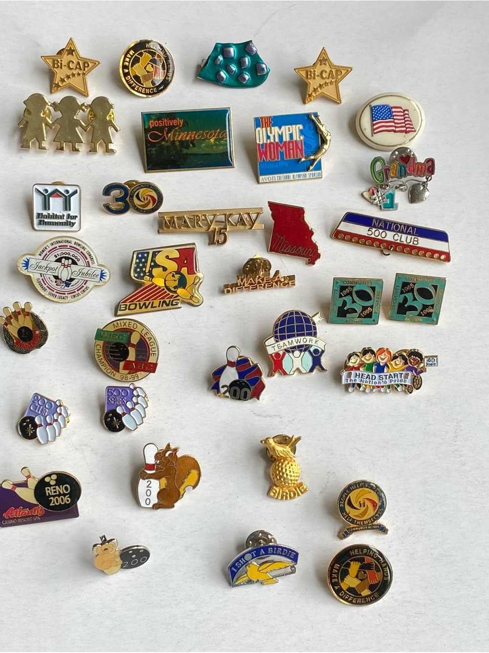 Grandmas Vintage Enamel Lapel Pin Lot - bowling, golf, olympic, community USA